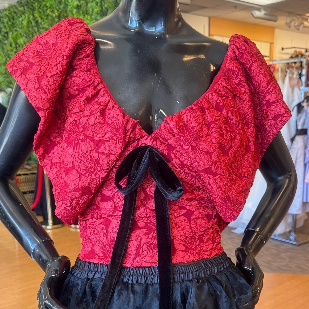 Sugarlips Maryn Jacquard Luci Babydoll Red Textured Blouse with Black Bow